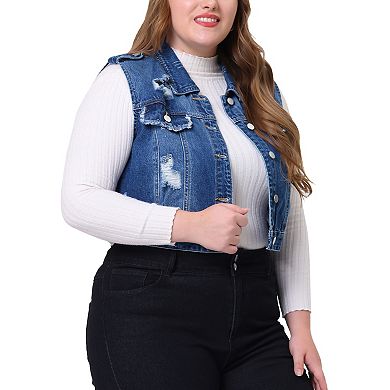 Women's Plus Size Denim Sleeveless Chest Pockets Vests Jacket
