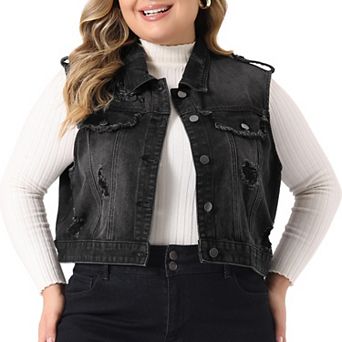 Women's Plus Size Denim Sleeveless Chest Pockets Vests Jacket