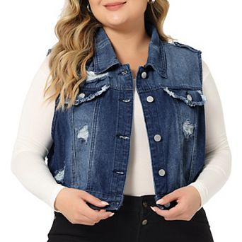 Women's Plus Size Denim Sleeveless Chest Pockets Vests Jacket