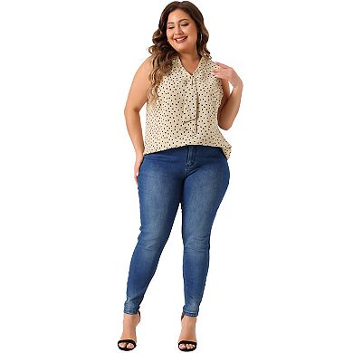 Plus Size Women's Polka Dots V Neck Tie Neck Sleeveless Blouses Work Tank Tops Summer