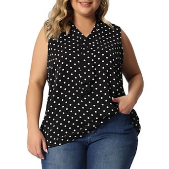 Plus Size Women's Polka Dots V Neck Tie Neck Sleeveless Blouses Work Tank Tops Summer