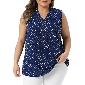 Plus Size Women's Polka Dots V Neck Tie Neck Sleeveless Blouses Work Tank Tops Summer
