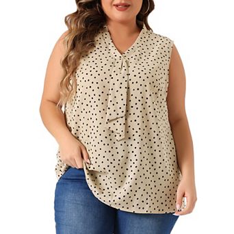 Plus Size Women's Polka Dots V Neck Tie Neck Sleeveless Blouses Work Tank Tops Summer