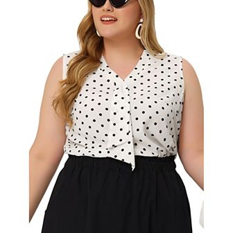Plus Size Women's Polka Dots V Neck Tie Neck Sleeveless Blouses Work Tank Tops Summer