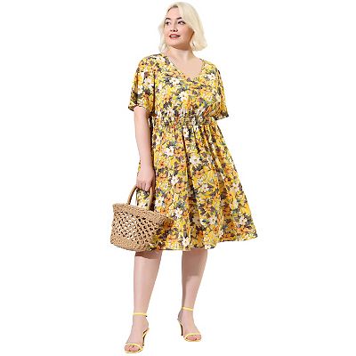 Women's Plus Size V Neck Floral Print Flare Sleeve Casual Midi Dress