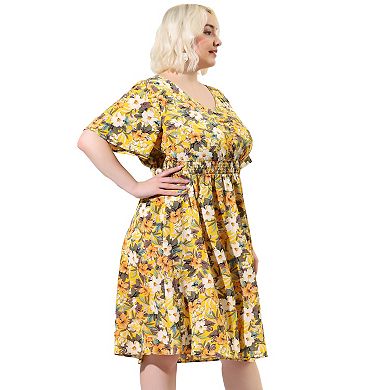 Women's Plus Size V Neck Floral Print Flare Sleeve Casual Midi Dress