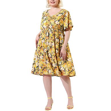 V-Neck Floral Print 3/4 Sleeve Slit Hem Navy Plus Size Maxi Dress