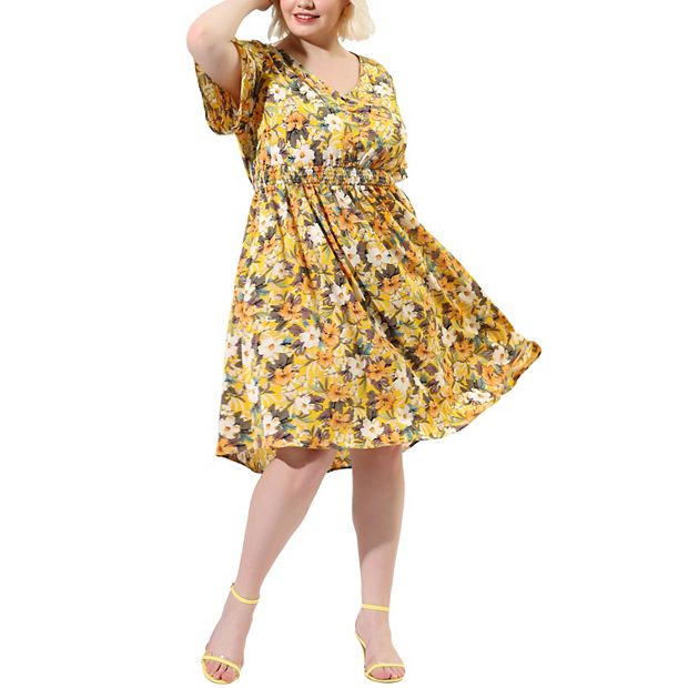 Women s Floral Print V Neck Flare Sleeve Midi Dress