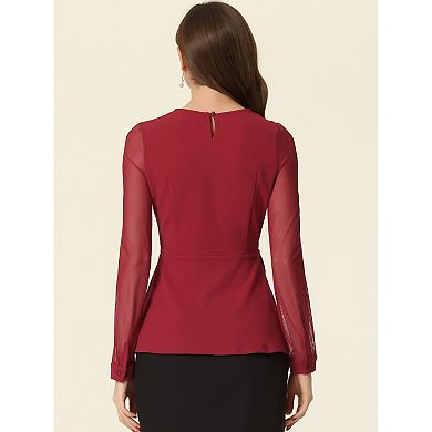 Peplum Blouse For Women's Mesh Sheer Long Sleeve Round Neck Belted Work Top