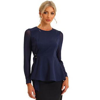 Peplum Blouse For Women's Mesh Sheer Long Sleeve Round Neck Belted Work Top