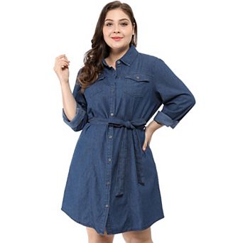 Women's Plus Size Long Sleeves Button Denim Shirt Dress