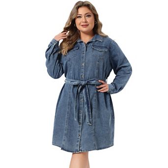 Women's Plus Size Long Sleeves Button Denim Shirt Dress