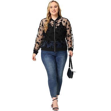 Women's Plus Size Mesh Sheer Floral Lace Long Sleeve Bomber Jacket