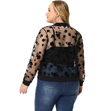 Women's Plus Size Mesh Sheer Floral Lace Long Sleeve Bomber Jacket