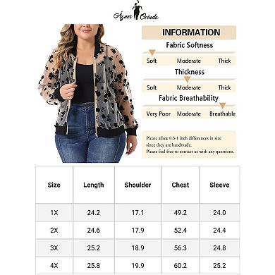 Women's Plus Size Mesh Sheer Floral Lace Long Sleeve Bomber Jacket