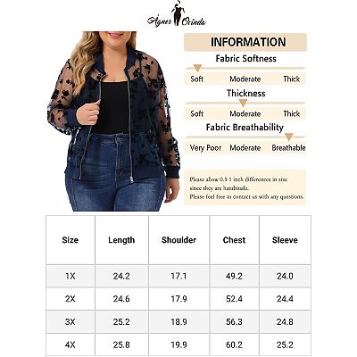 Women s Plus Size Mesh Sheer Floral Lace Long Sleeve Bomber Jacket