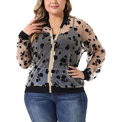 Women's Plus Size Mesh Sheer Floral Lace Long Sleeve Bomber Jacket