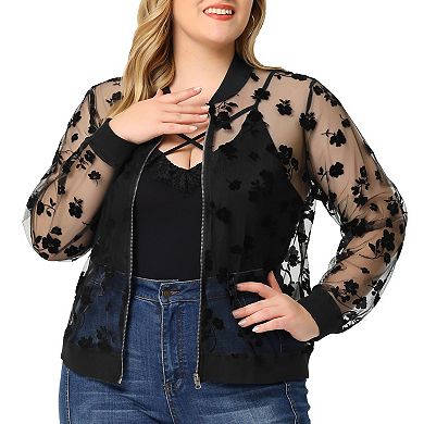 Women's Plus Size Mesh Sheer Floral Lace Long Sleeve Bomber Jacket