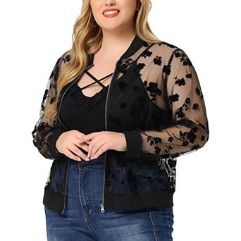 Women's Plus Size Mesh Sheer Floral Lace Long Sleeve Bomber Jacket