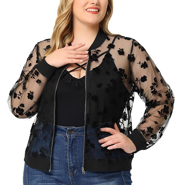 Women's Plus Size Mesh Sheer Floral Lace Long Sleeve Bomber Jacket