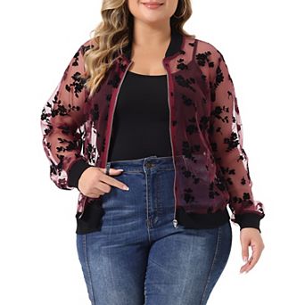 Women's Plus Size Mesh Sheer Floral Lace Long Sleeve Bomber Jacket