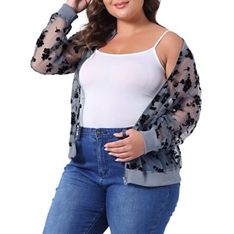 Women's Plus Size Mesh Sheer Floral Lace Long Sleeve Bomber Jacket