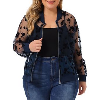 Women's Plus Size Mesh Sheer Floral Lace Long Sleeve Bomber Jacket