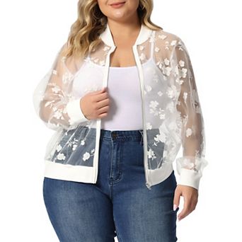 Women's Plus Size Mesh Sheer Floral Lace Long Sleeve Bomber Jacket