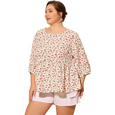 Plus Size Top for Women 3/4 Sleeve Cut Out Floral Blouses