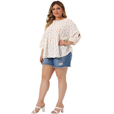 Plus Size Top for Women 3/4 Sleeve Cut Out Floral Blouses