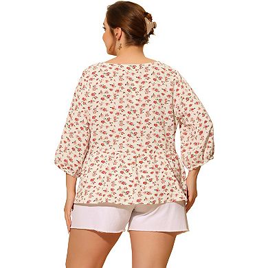 Plus Size Top for Women 3/4 Sleeve Cut Out Floral Blouses