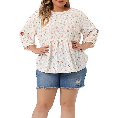 Plus Size Top for Women 3/4 Sleeve Cut Out Floral Blouses