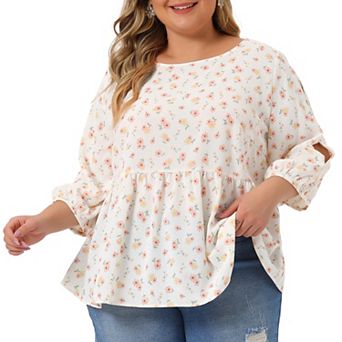 Plus Size Top for Women 3/4 Sleeve Cut Out Floral Blouses