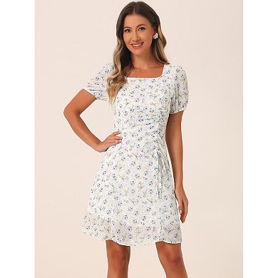 Women's Summer Drawstring Ruched Decor Short Sleeve Floral Dress