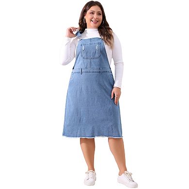 Women's Plus Size Distressed Pocket Racerback Suspender Overall Dress