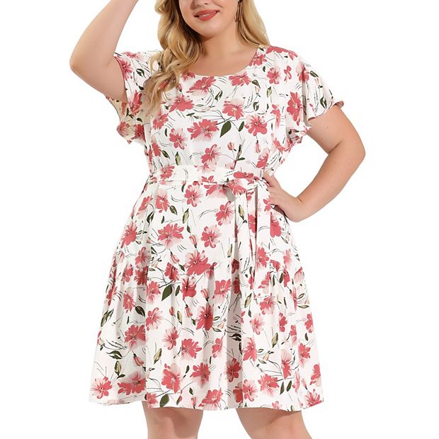 Women's Plus Dress Flare Sleeve Round Neck Tie Belt x Line Floral Ruffle  Dresses