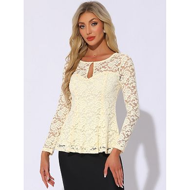 Women's Lace Tops Keyhole Front Peplum Hem Sheer Long Sleeve Blouse