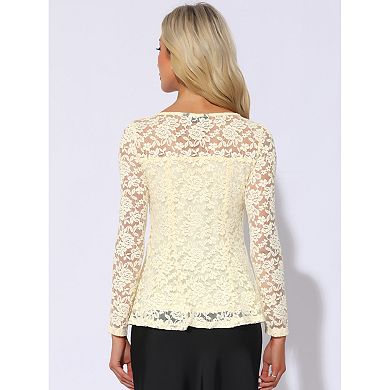 Women's Lace Tops Keyhole Front Peplum Hem Sheer Long Sleeve Blouse