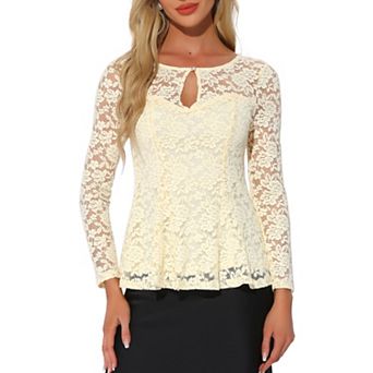 Women's Lace Tops Keyhole Front Peplum Hem Sheer Long Sleeve Blouse