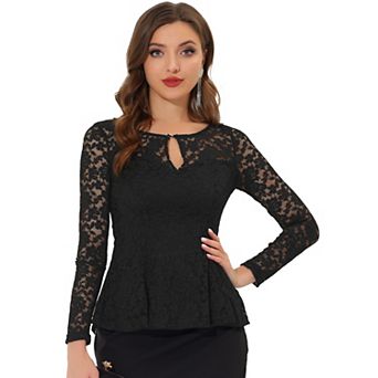 Women's Lace Tops Keyhole Front Peplum Hem Sheer Long Sleeve Blouse