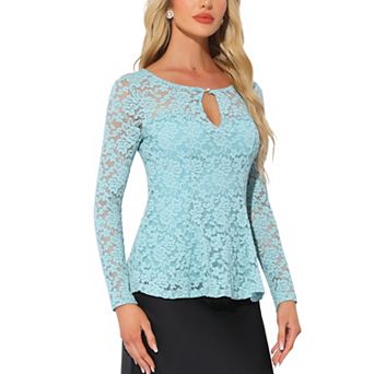 Women's Lace Tops Keyhole Front Peplum Hem Sheer Long Sleeve Blouse