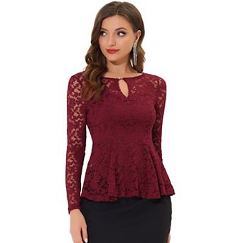 Women's Lace Tops Keyhole Front Peplum Hem Sheer Long Sleeve Blouse