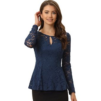 Women's Lace Tops Keyhole Front Peplum Hem Sheer Long Sleeve Blouse