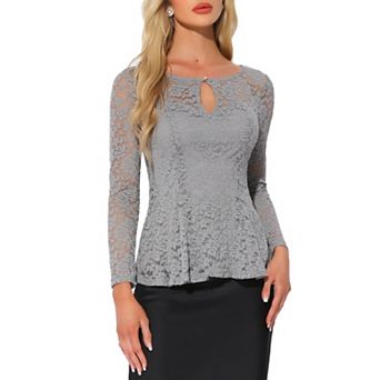 Women's Lace Tops Keyhole Front Peplum Hem Sheer Long Sleeve Blouse