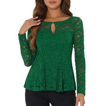 Women's Lace Tops Keyhole Front Peplum Hem Sheer Long Sleeve Blouse