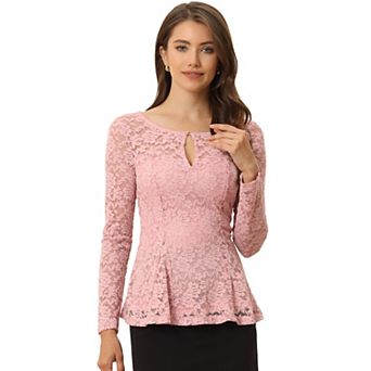 Women's Lace Tops Keyhole Front Peplum Hem Sheer Long Sleeve Blouse