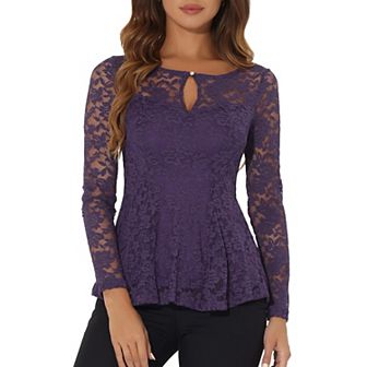 Women's Lace Tops Keyhole Front Peplum Hem Sheer Long Sleeve Blouse