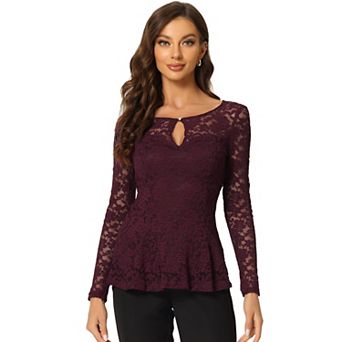 Women's Lace Tops Keyhole Front Peplum Hem Sheer Long Sleeve Blouse