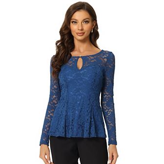 Women's Lace Tops Keyhole Front Peplum Hem Sheer Long Sleeve Blouse