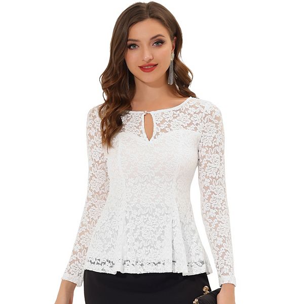 Womens Lace Tops Keyhole Front Peplum Hem Sheer Long Sleeve Blouse